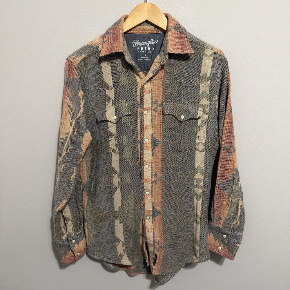 Wrangler Retro Premium Southwestern Aztec Cowboy Rancher Pearl Snap Mens Small